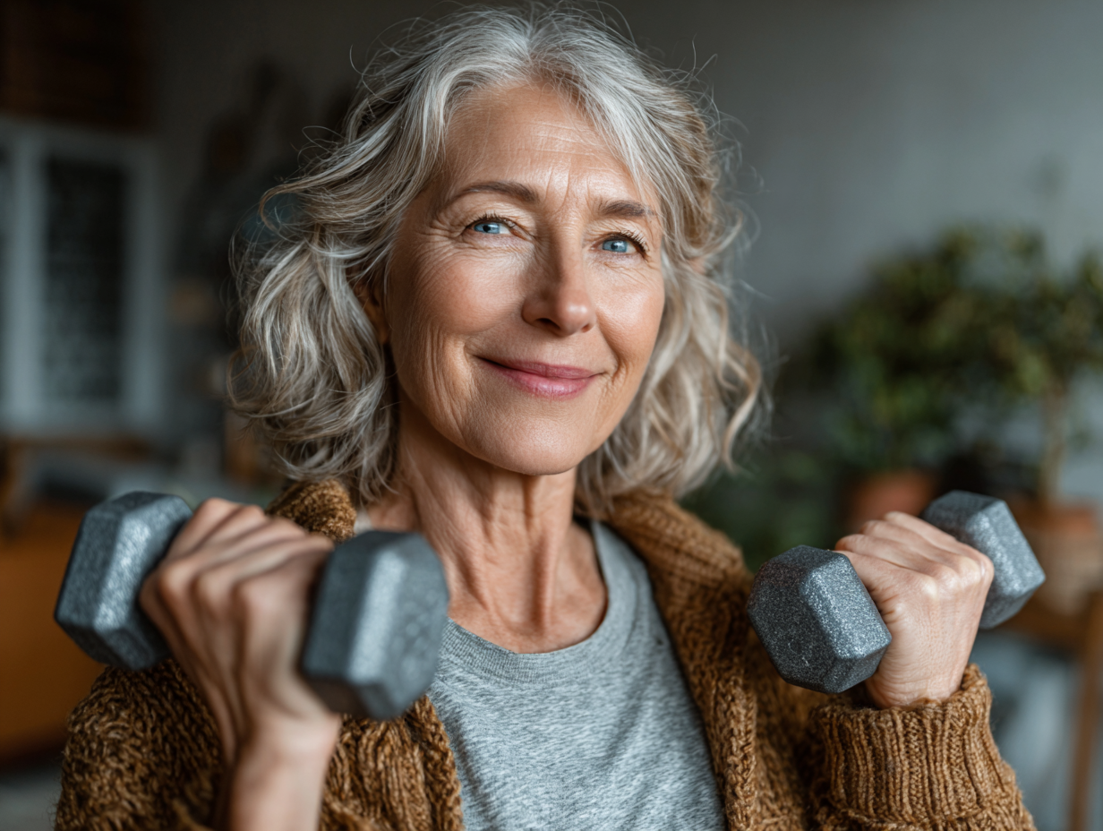 Щаслива жінка середнього віку займається фітнесом
